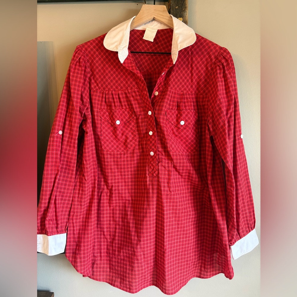 Women’s Maternity Vintage Red Plaid Button-Up Shirt with White Peter Pan Collar